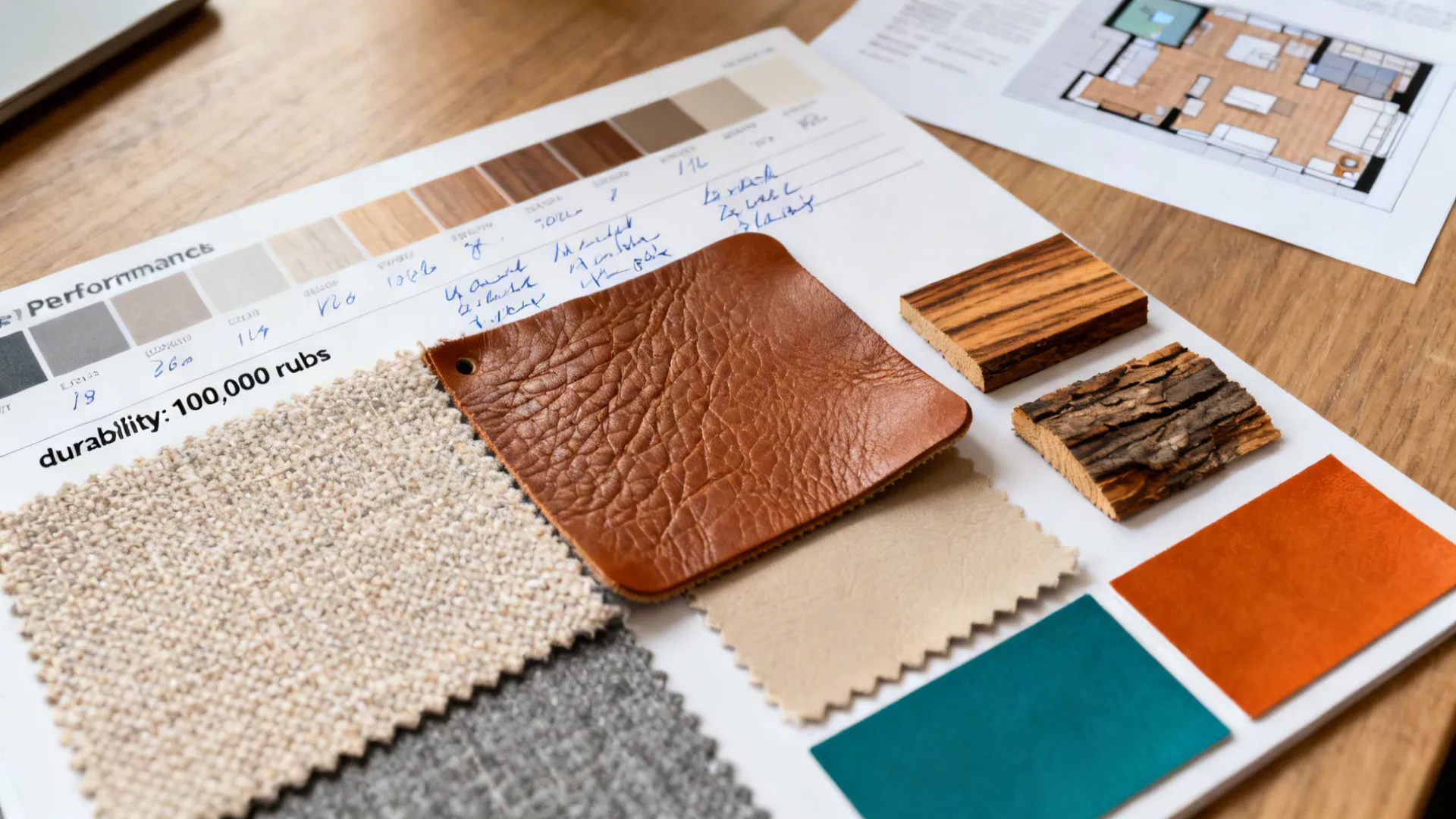 Material and color swatches for ottoman fabrics and wood finishes arranged on a designer table