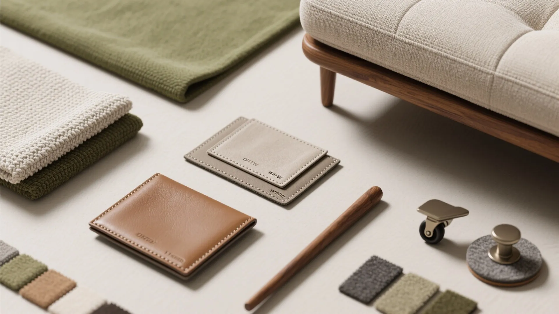 Close-up of interior design materials including fabric swatches leather samples wooden legs and metal hardware