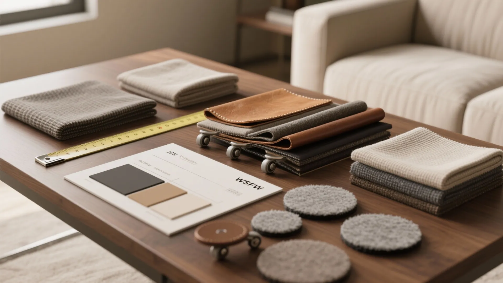 Fabric swatches, leather samples, felt pads and casters with measuring tape for ottoman selection tips.