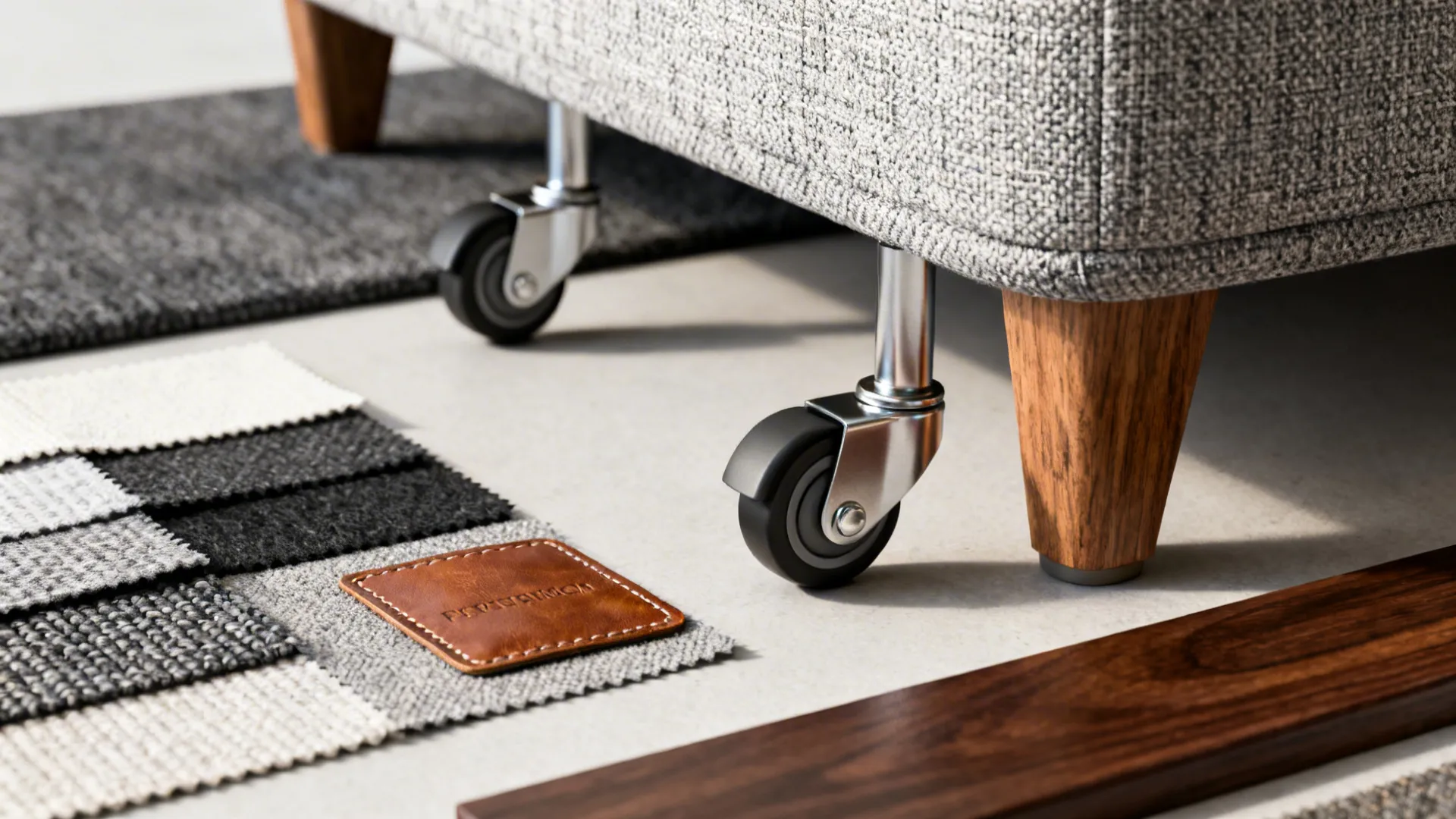 Material swatches and hardware for ottomans including fabric, leather, casters, and leg finishes.