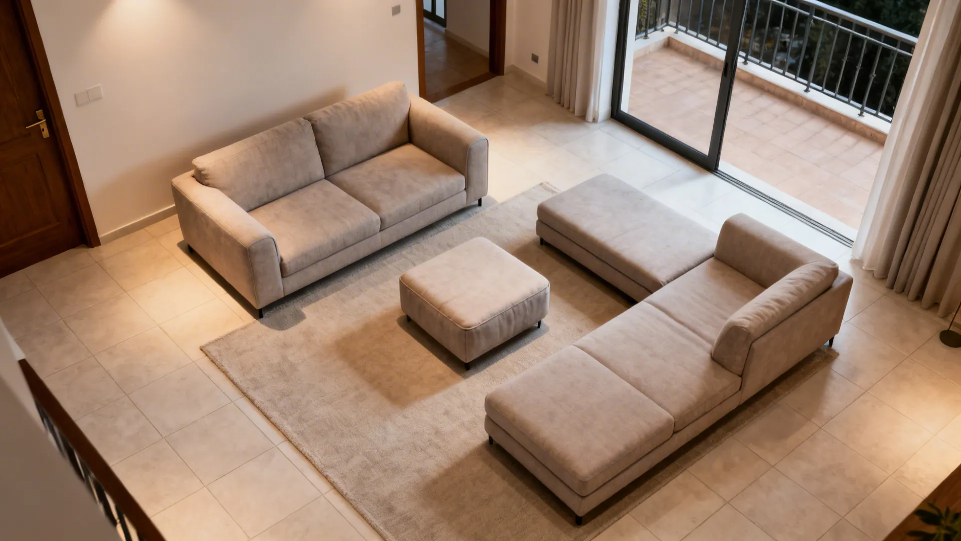 Top-down view showing ottoman in conversation mode and lounging mode around an L-shaped seating.