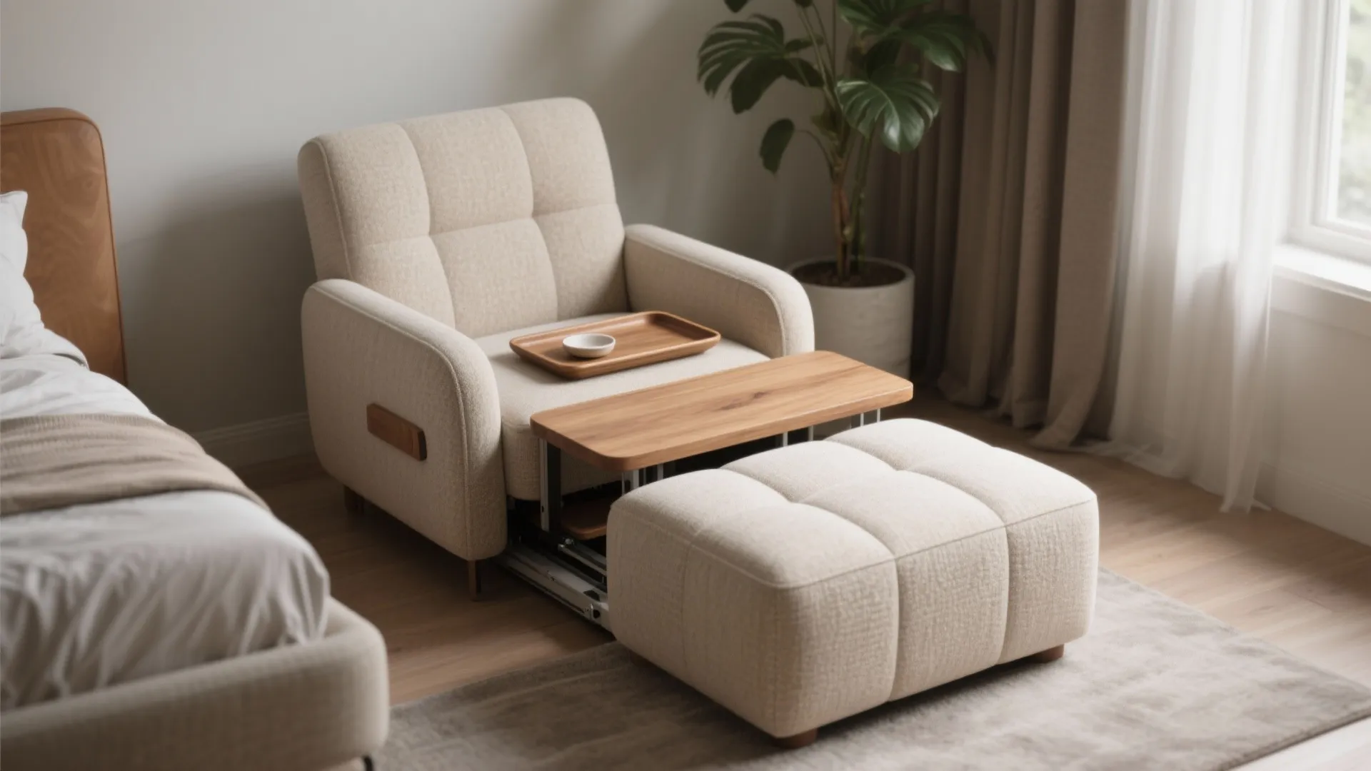Cream colored sofa bed with a built in wooden table and matching square fabric footrest