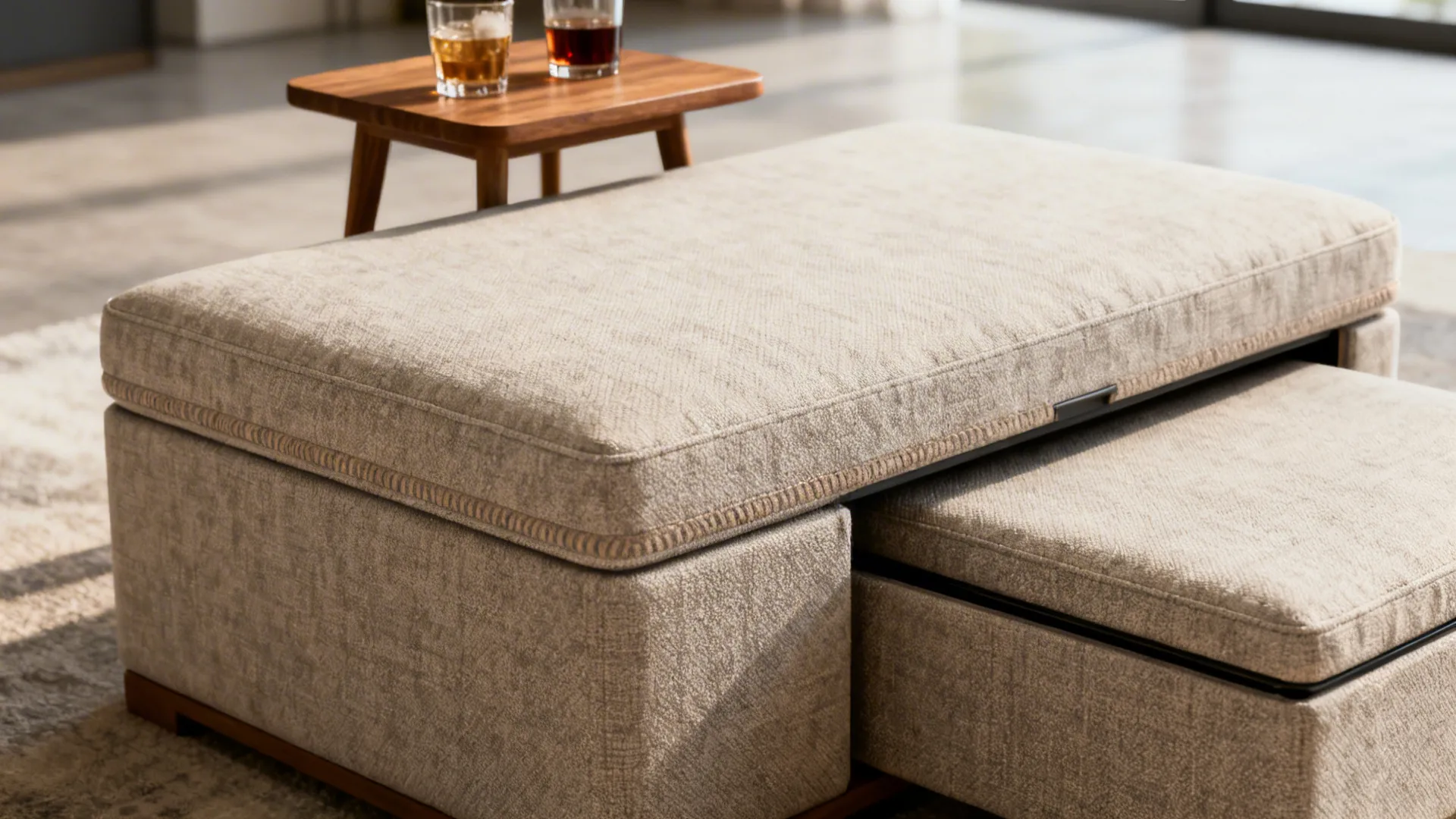 Storage ottoman serving as coffee table with a small nesting table next to it in a small living room