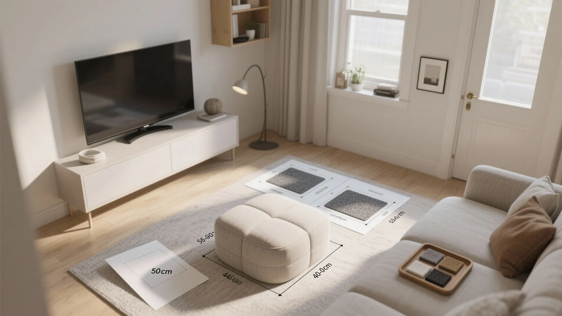 Top-down planning scene with scaled ottoman templates, clearances, and sightline markers for a small living room.