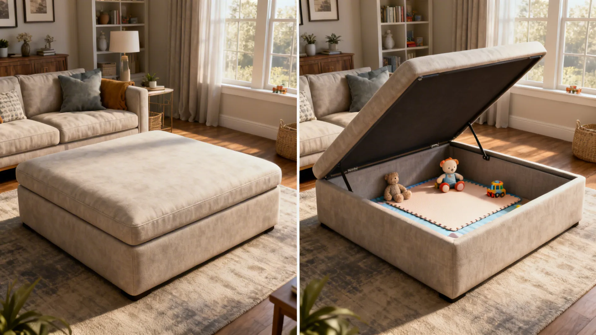 Side-by-side of an ottoman closed and opened to reveal a small play nook