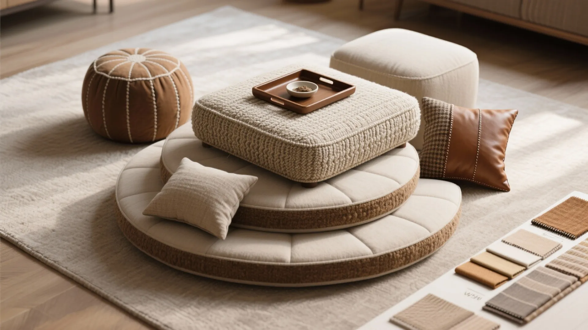 Modern floor seating area with round beige mats a textured square sofa and various cushions
