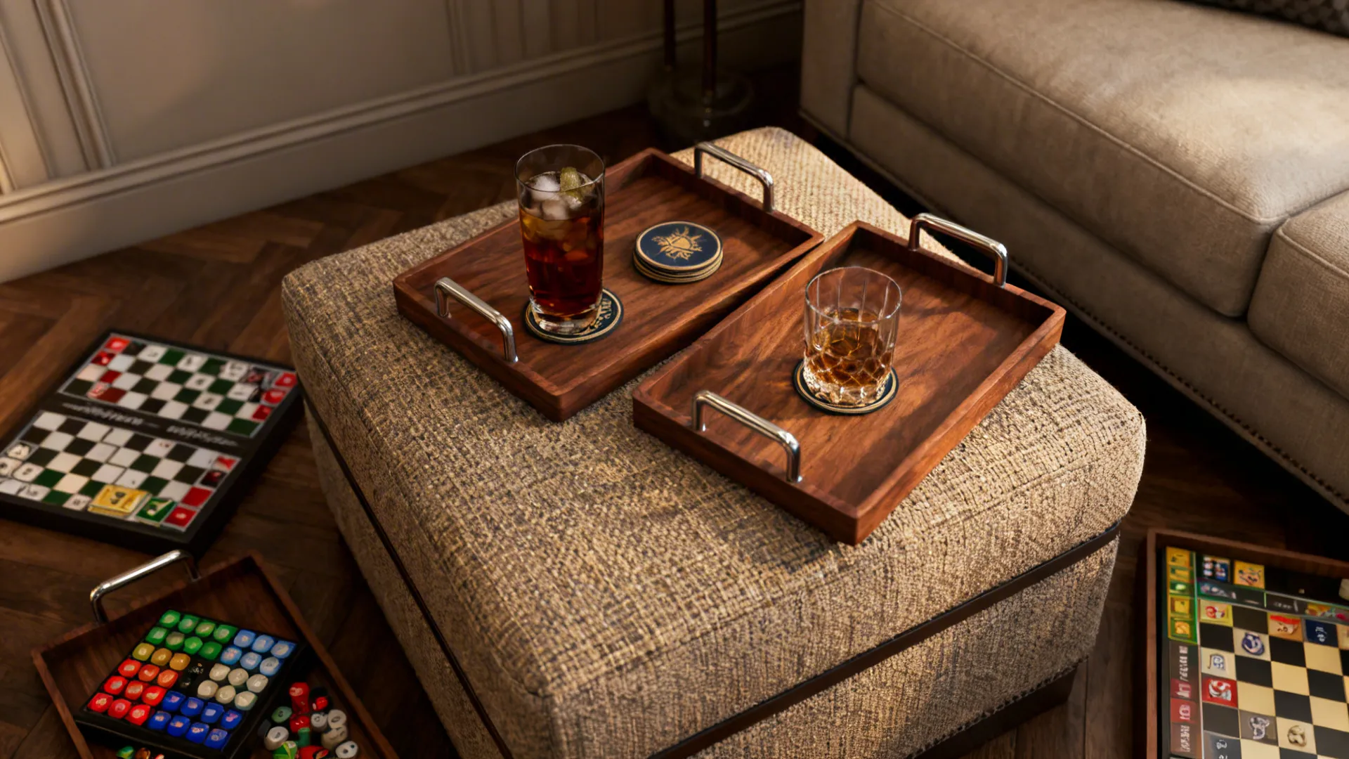 Removal walnut serving trays on an ottoman used to serve drinks with storage for board games