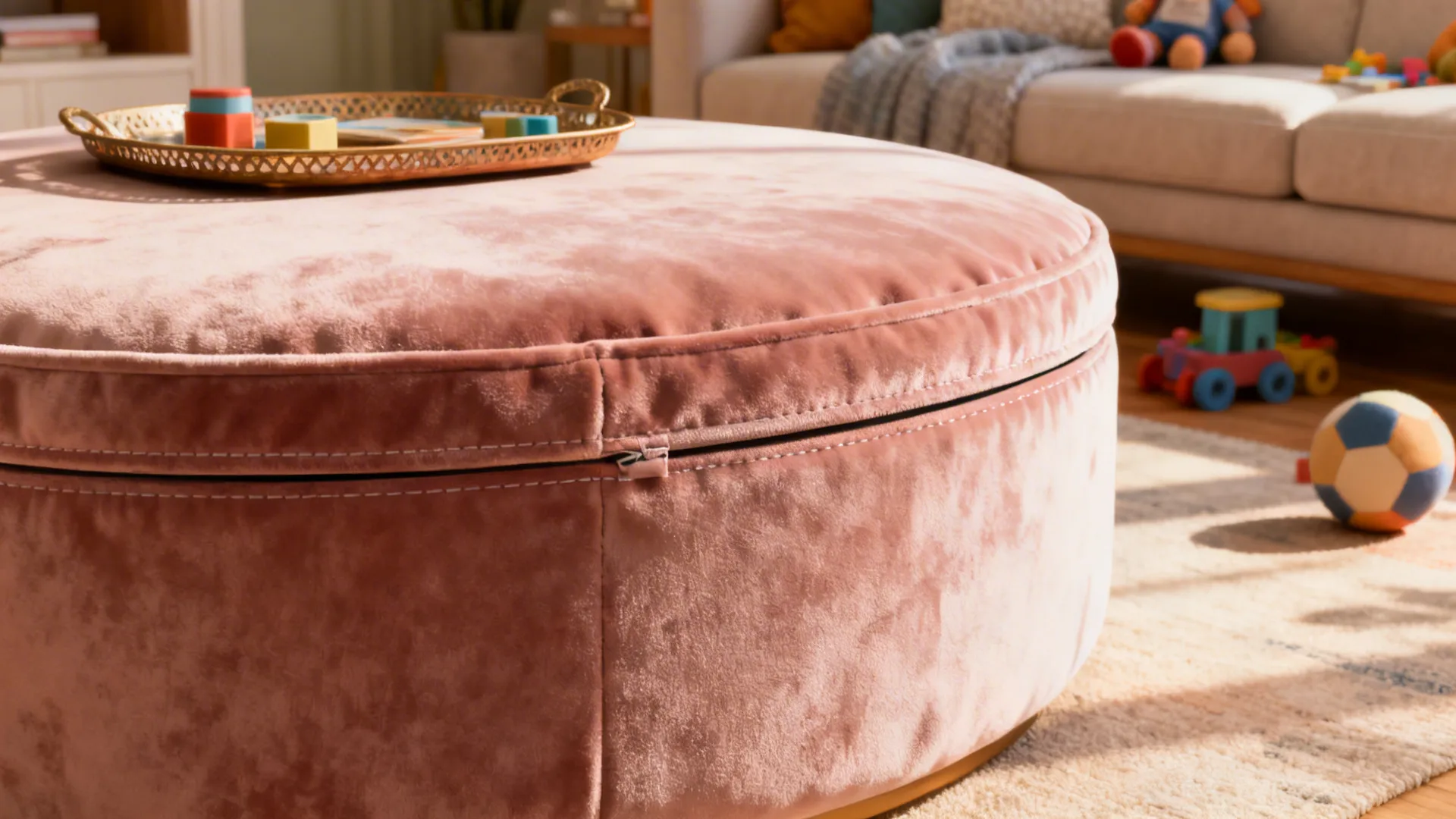 Pink velvet round footrest in a living room with a gold tray and colorful children toys