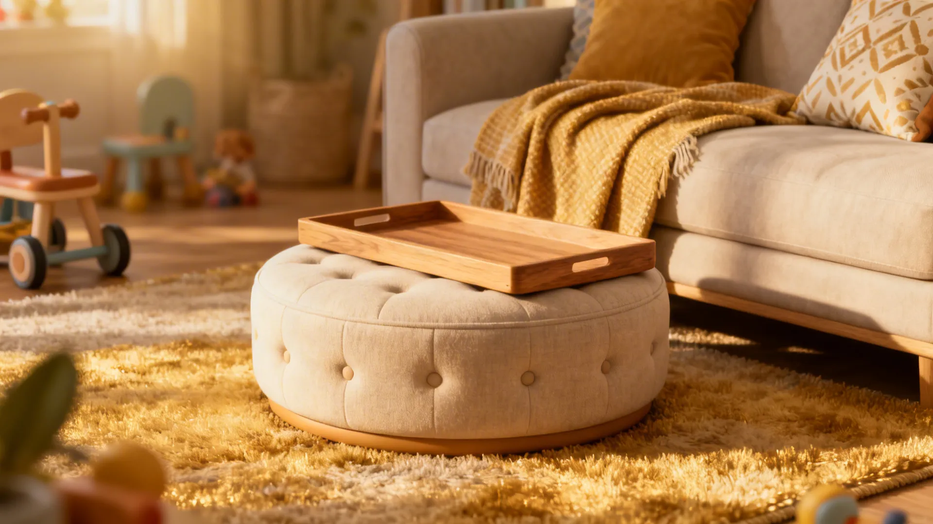 Low ottoman-style round table with a removable tray in a cozy family room