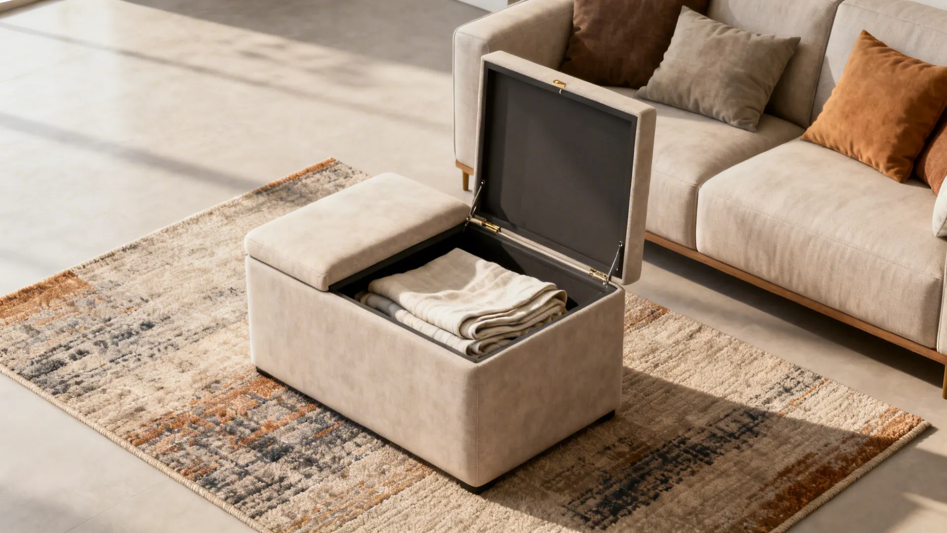 Storage ottoman opened on a 5x8 area rug with seating area defined