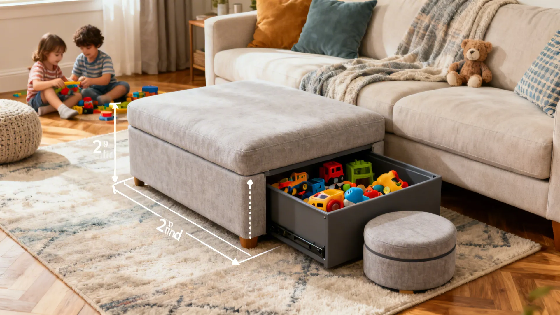 Living room demonstrating proper ottoman scale at about two-thirds the depth of the sofa with clear circulation
