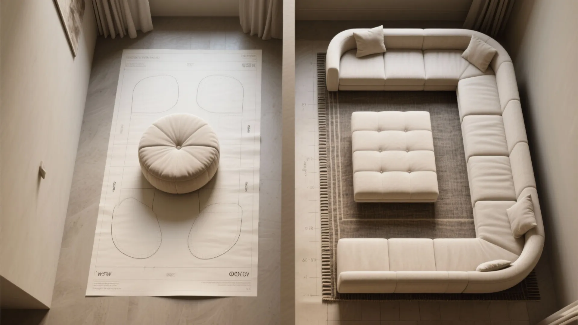 Top view comparison of round and square footrest furniture pieces placed on a room layout