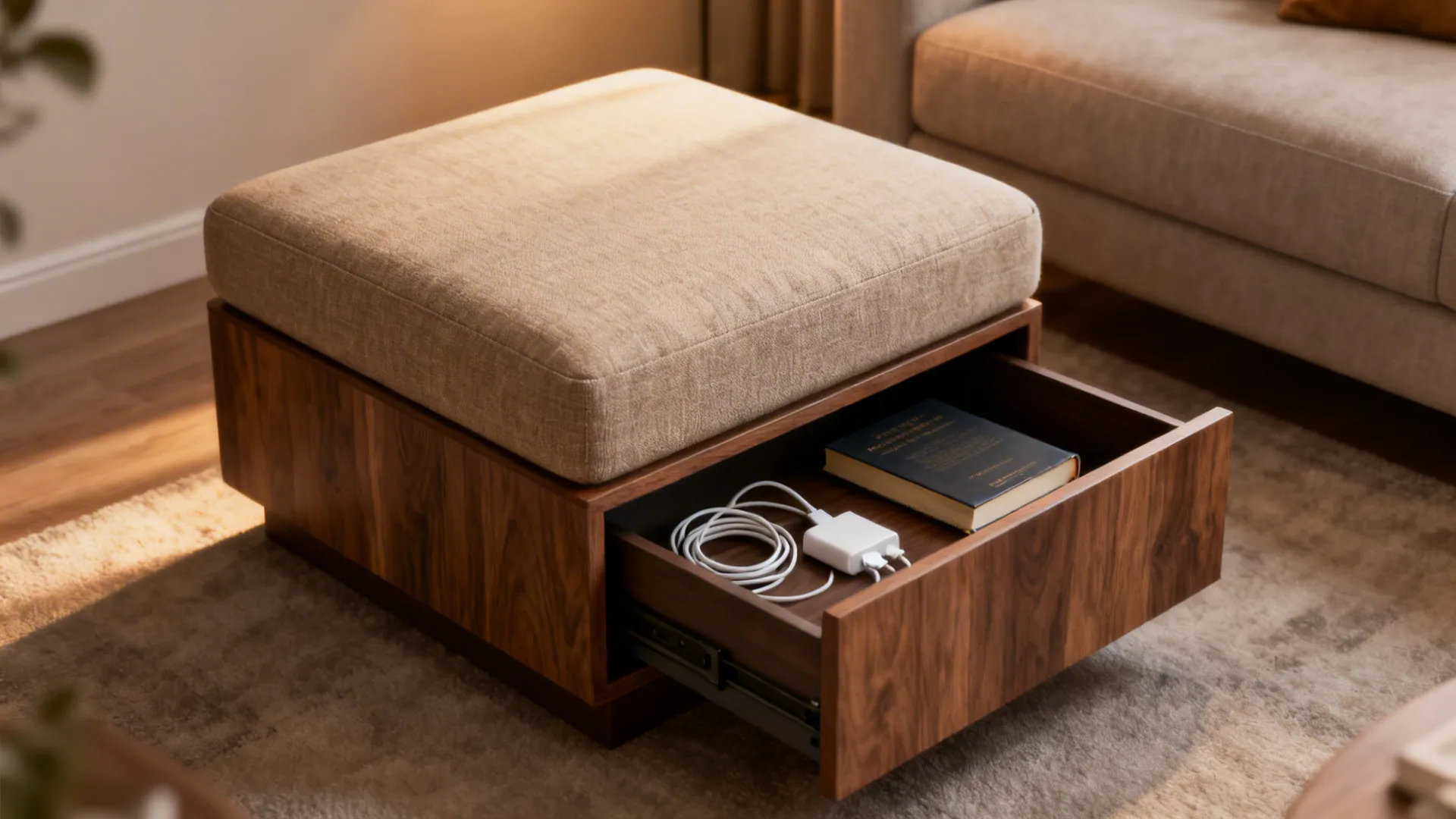 Wooden footrest with a beige cushion and open drawer holding a book and white charger