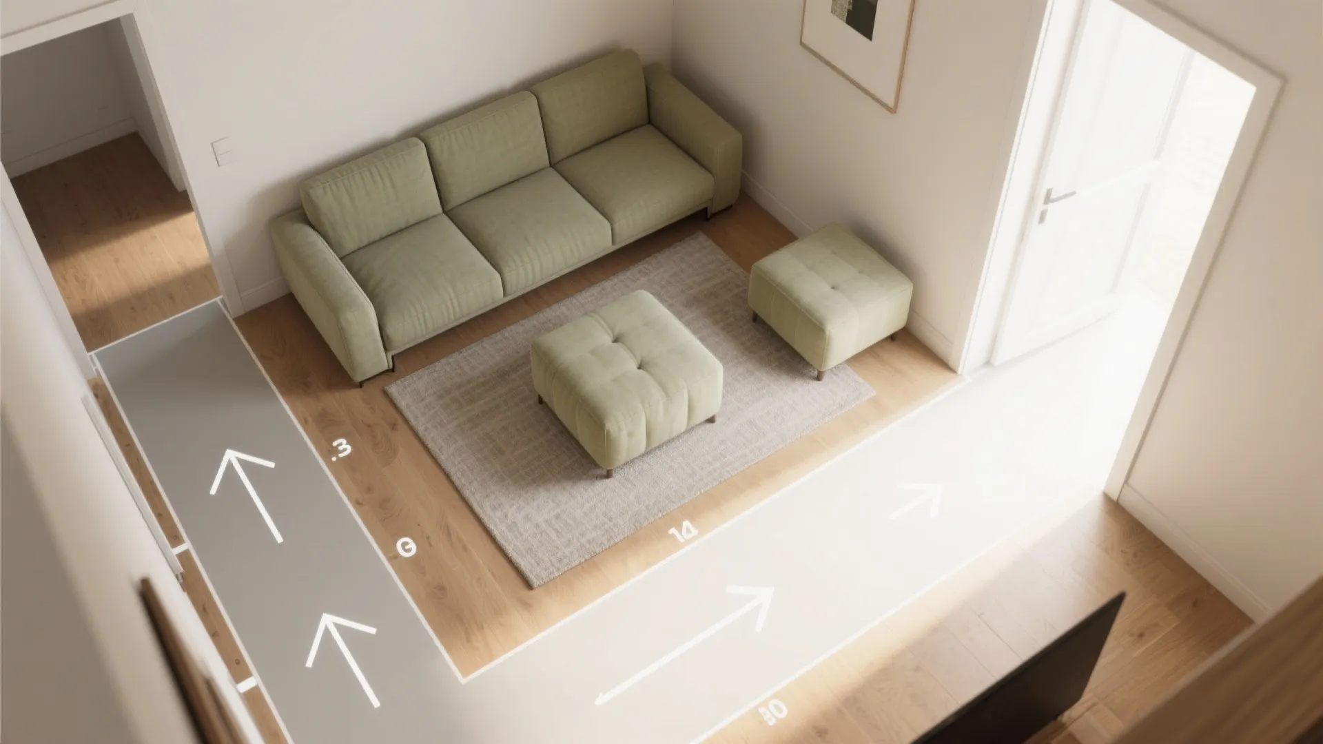 Interior design drawing showing top view of sofa footrest placement with walking path arrow indicators