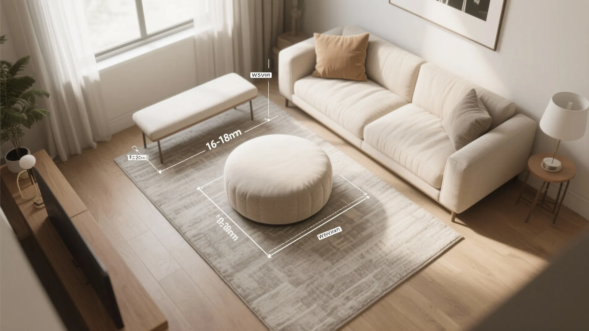 Top view of a living room layout showing round footrest dimensions and furniture placement distances
