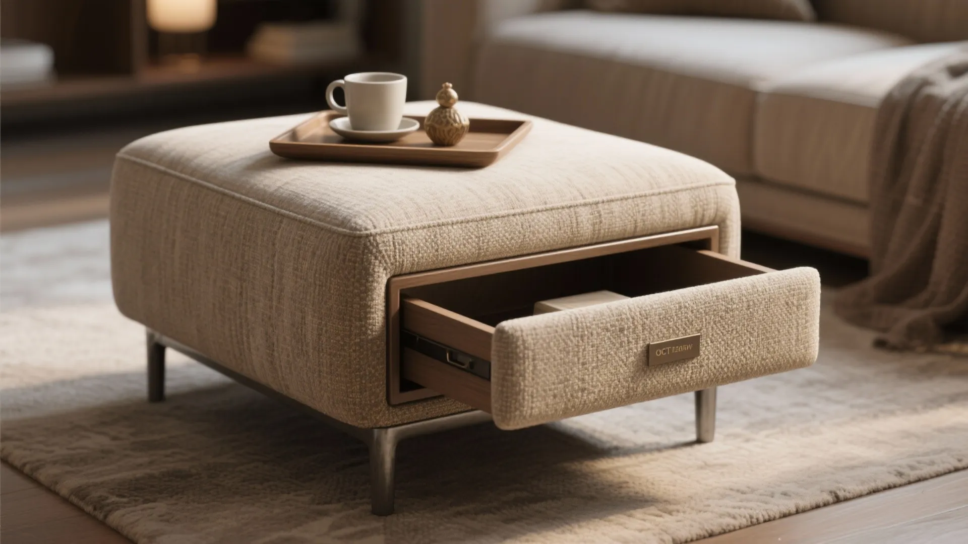Beige fabric footrest with a wooden storage drawer holding a coffee cup on a tray