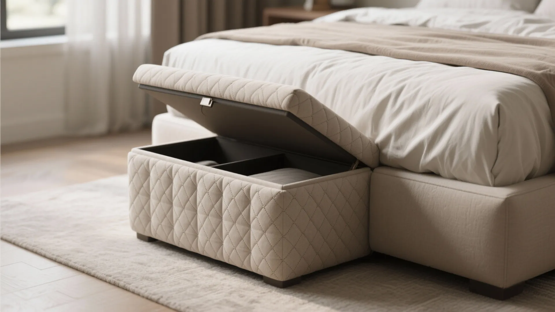 Beige quilted footrest with open storage lid placed at the foot of a modern bed