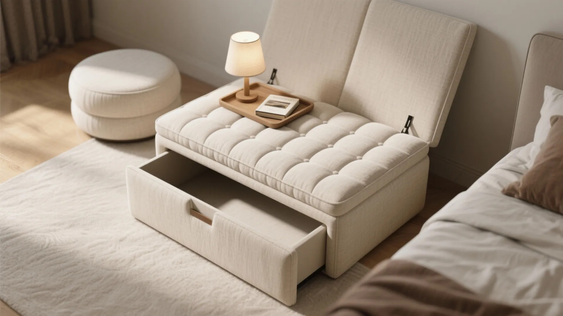 Beige tufted storage footrest with open drawer and lid next to bed on white rug