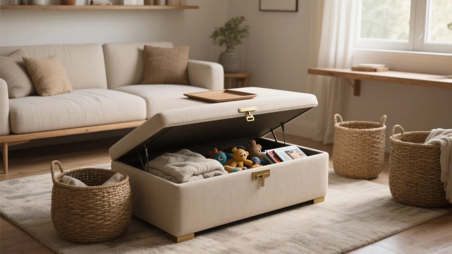 Open beige storage footrest filled with toys and blankets inside a bright modern living room