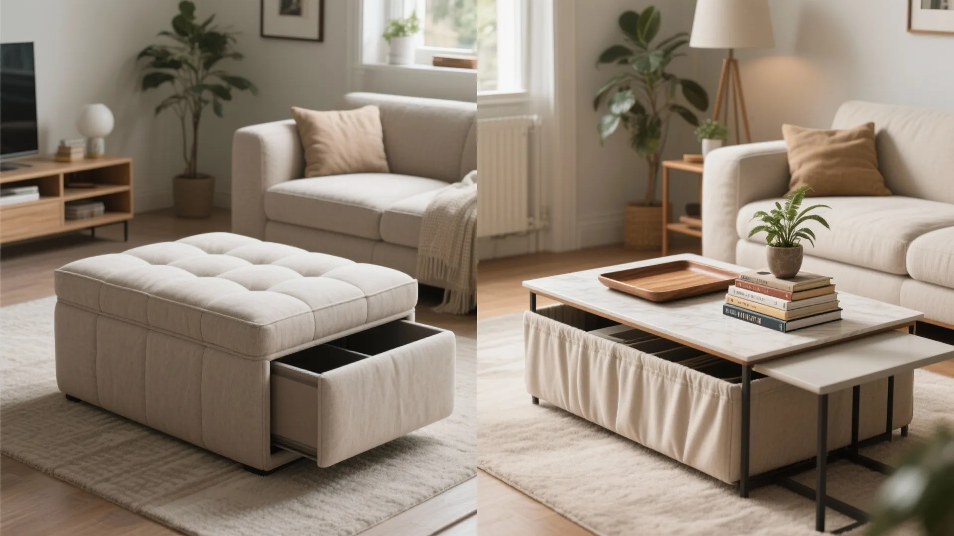 Modern cream footrest with storage drawer shown next to a sofa in a living room