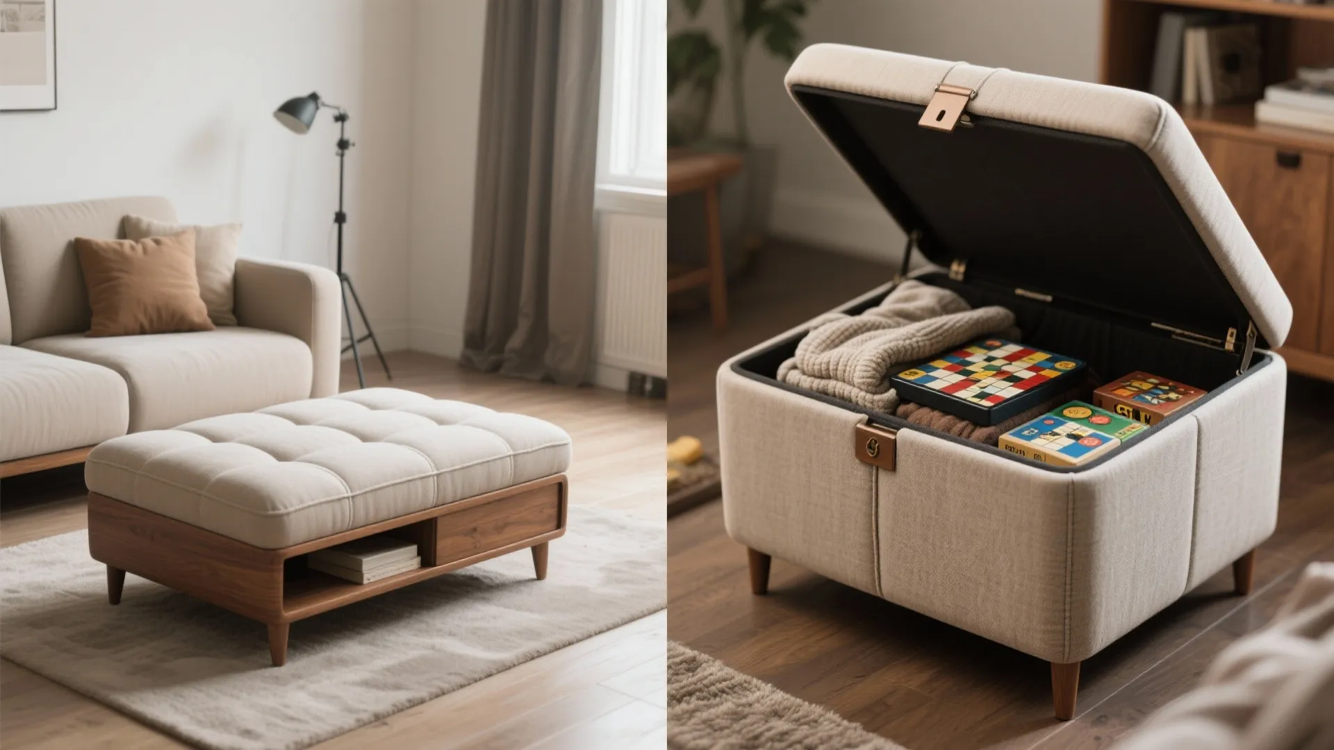 Beige fabric storage footrest with wooden base beside a sofa and open with inside items