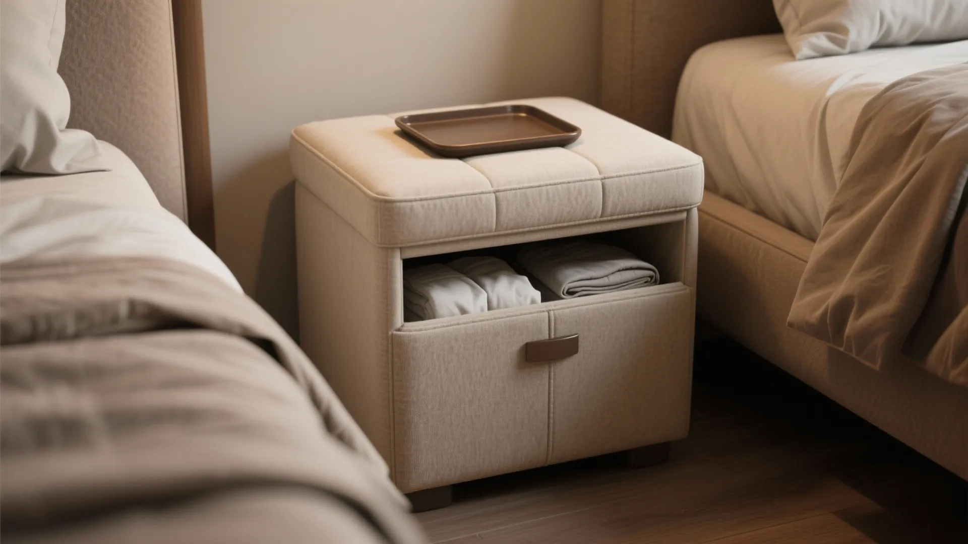 Beige fabric storage footrest with a tray on top placed between two modern bedroom beds
