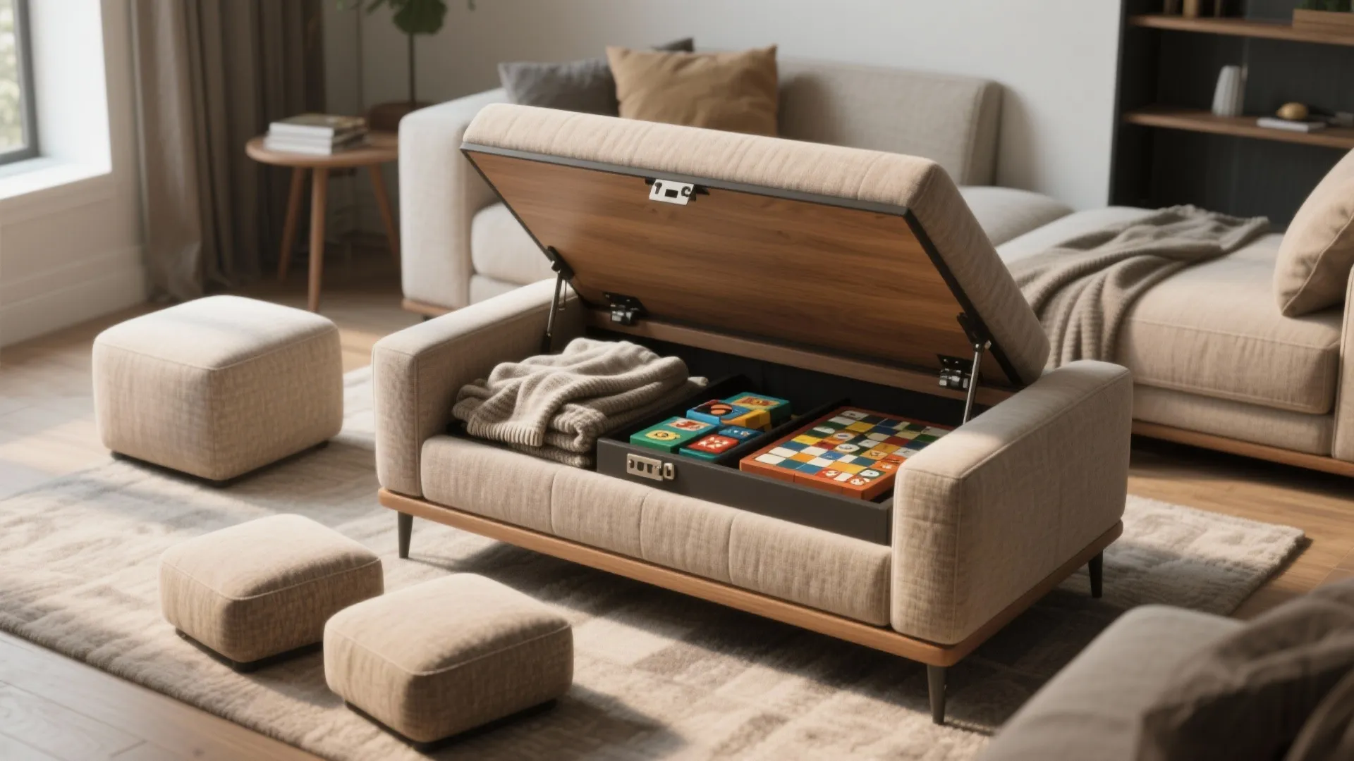 Ottoman-chair with lift-up top open to reveal blankets and board games stored inside.
