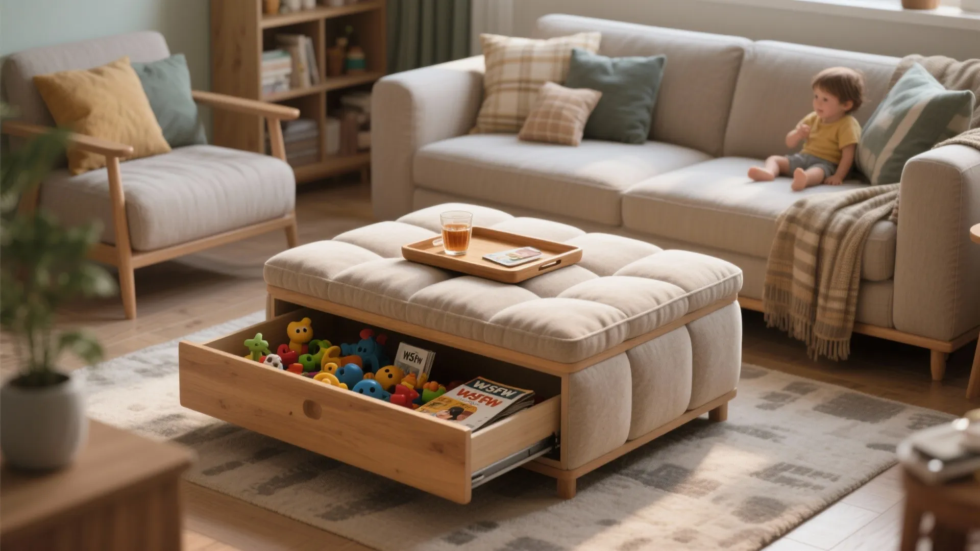 Fabric ottoman used as coffee table with a tray on top and an open lift lid showing hidden storage for toys and magazines.