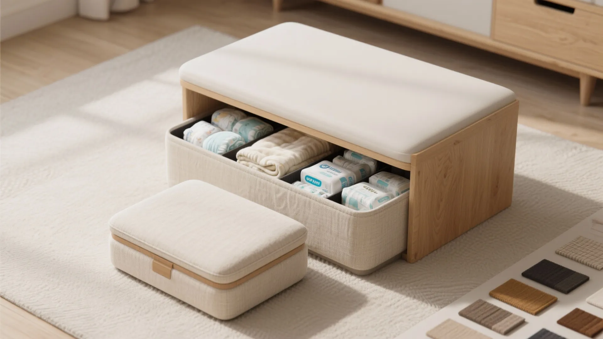 Wooden footrest with a white cushion showing a storage drawer filled with baby diaper supplies