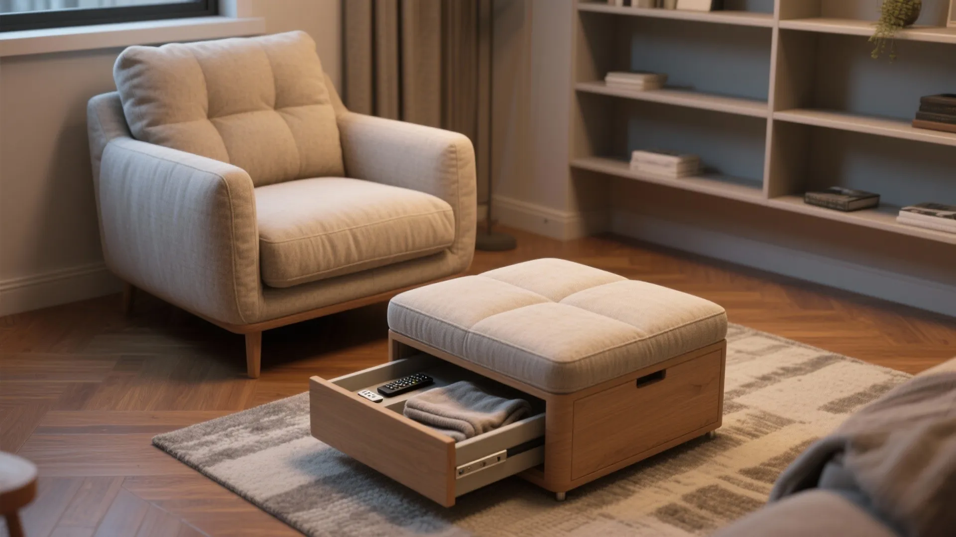 Living room with beige sofa and wooden footrest showing an open drawer for hidden storage