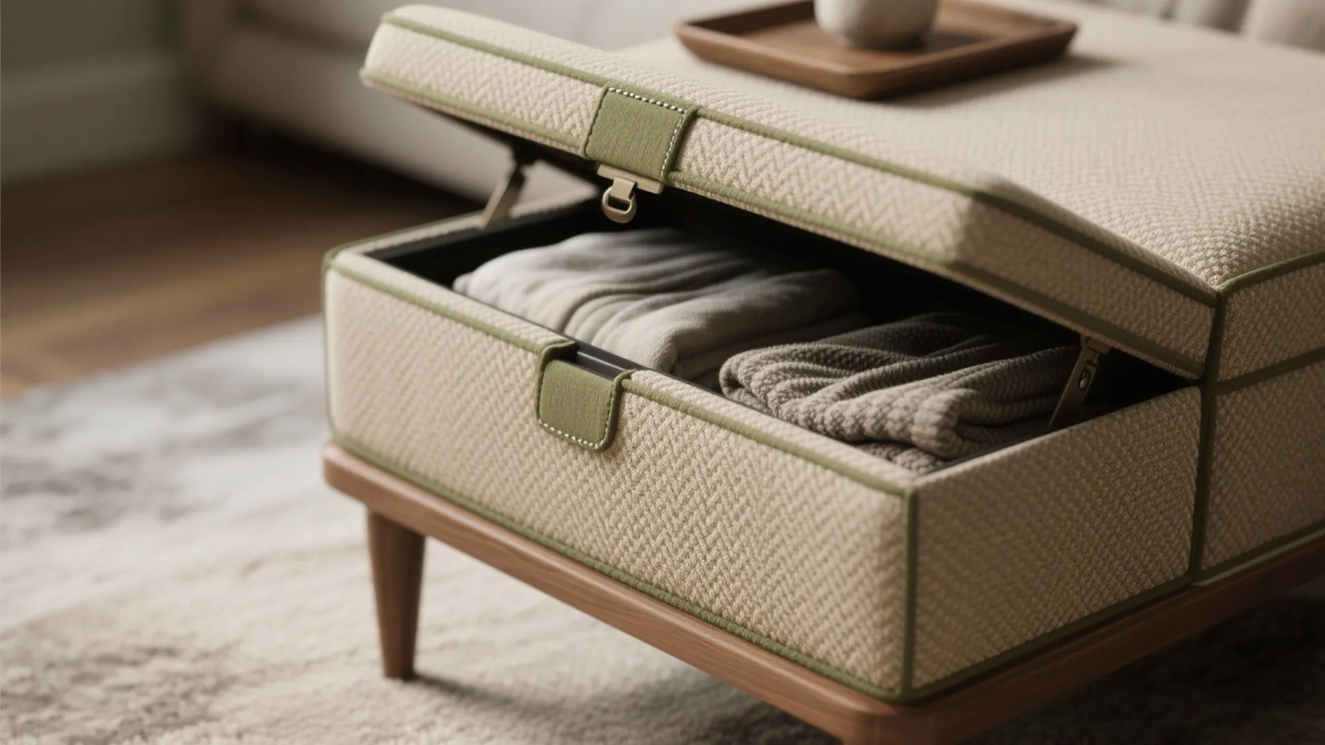 Beige fabric storage footrest with green trim and open lid showing neatly folded grey clothes