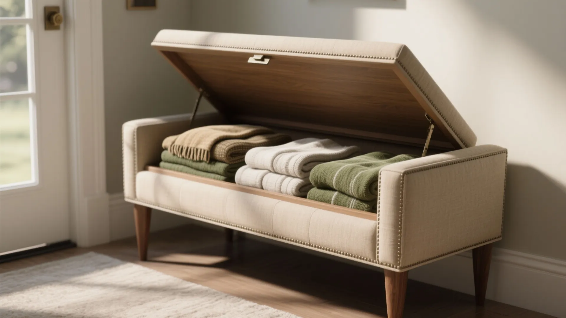 Beige storage footrest bench with open lid showing neatly folded blankets inside near a window