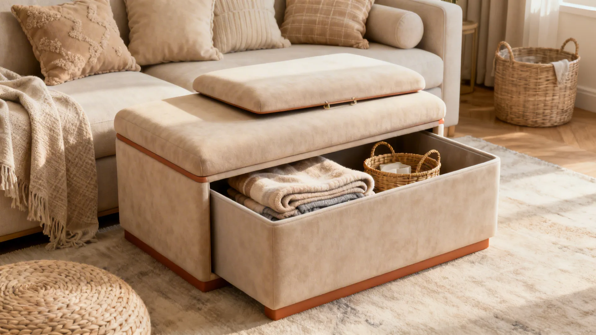 Upholstered ottoman end table with a removable lid and blankets stored inside, matching throw pillows.