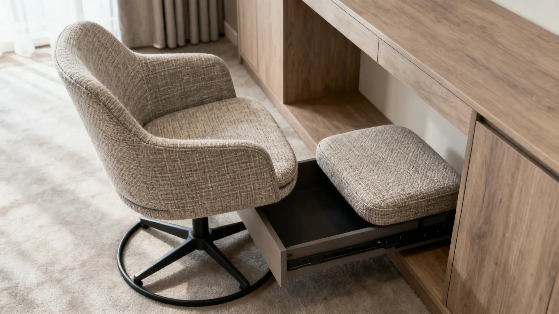 Grey fabric chair next to a wooden desk with a footrest stored in a drawer