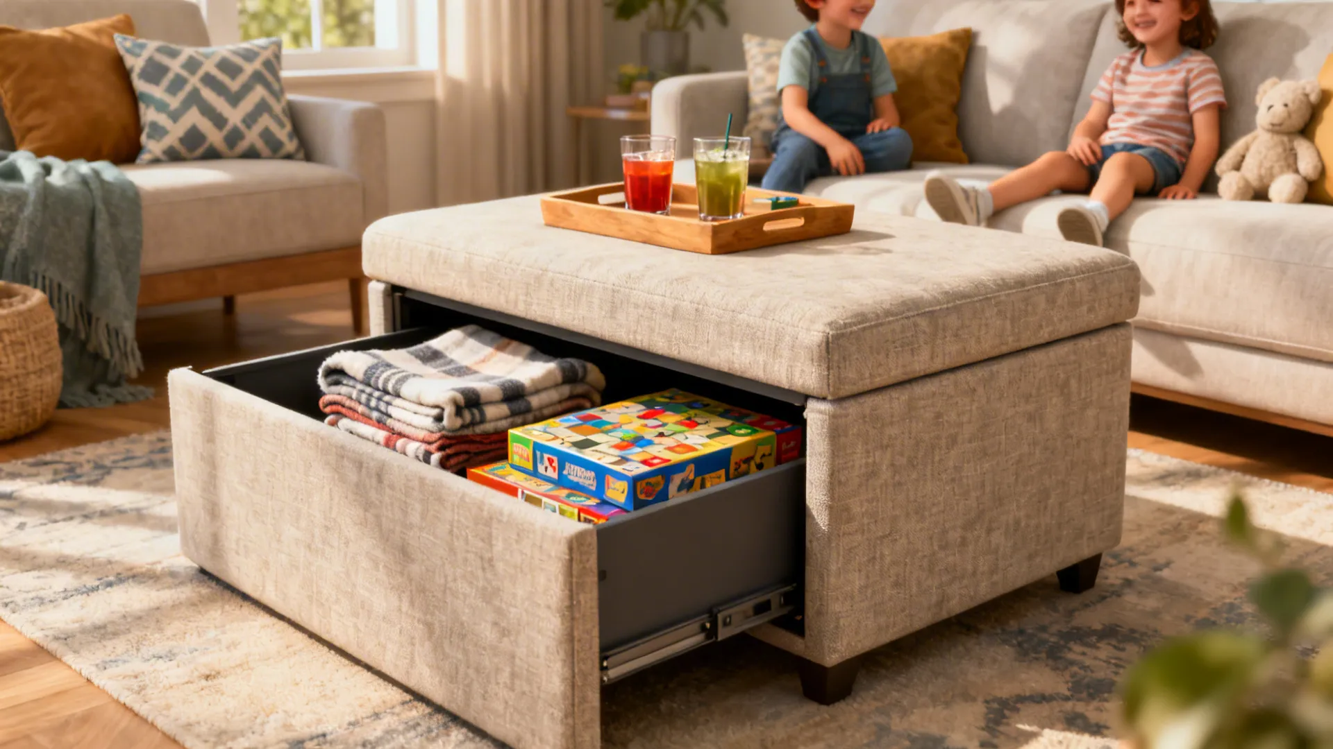 Upholstered ottoman coffee table with removable lid showing storage filled with blankets and games