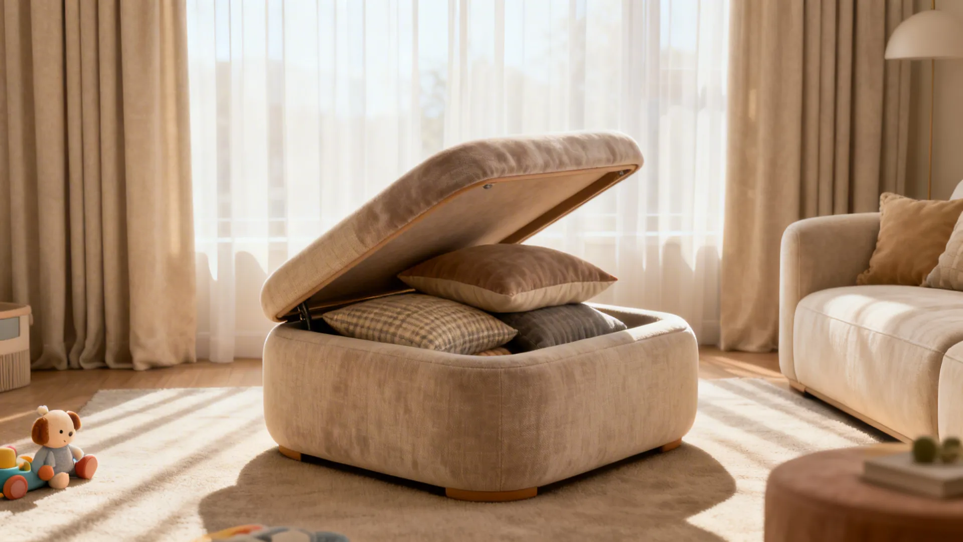 Upholstered ottoman with lift lid open showing pillows inside in a cozy family living room.