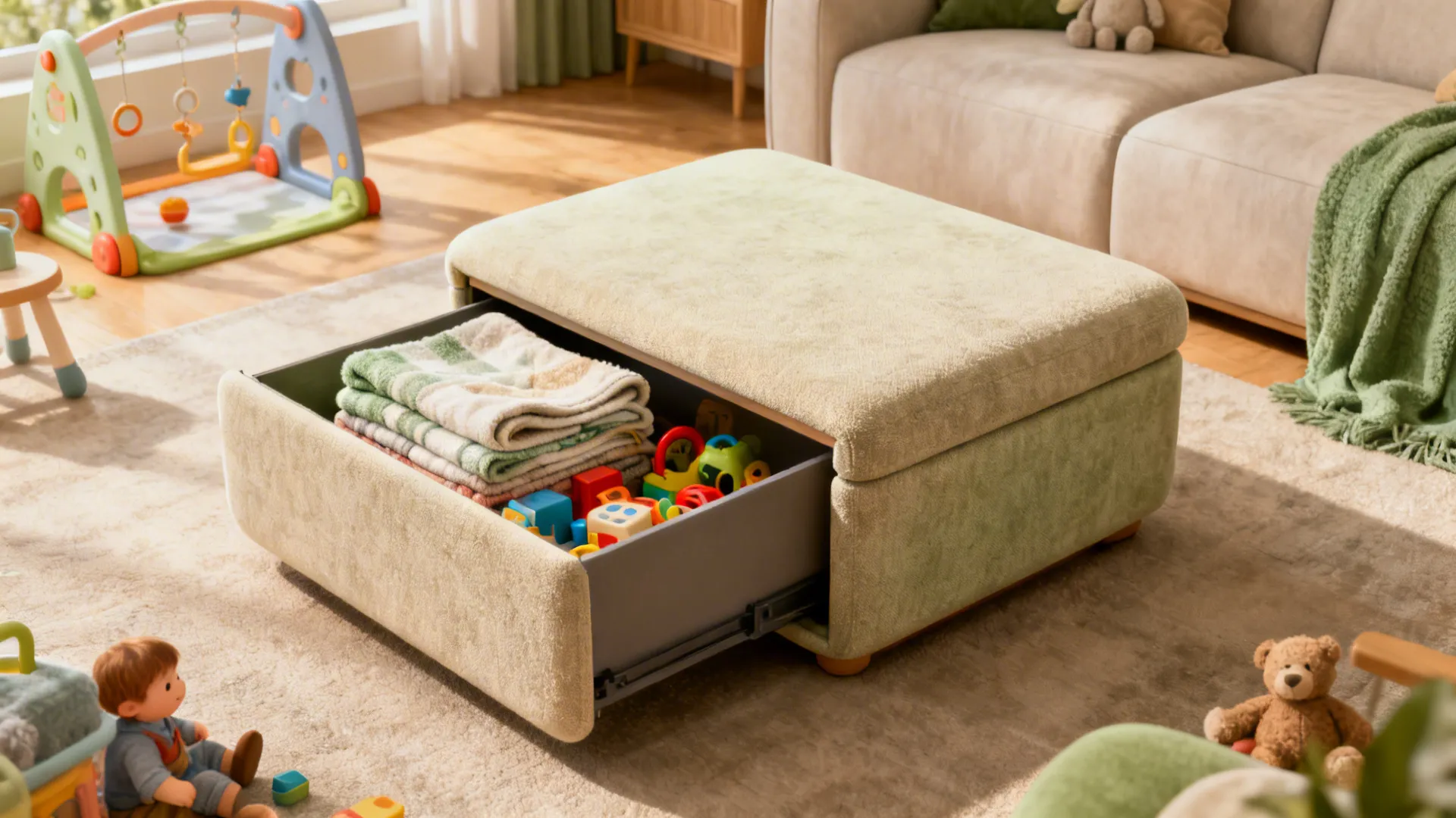 Upholstered ottoman coffee table with removable top revealing blankets and toys