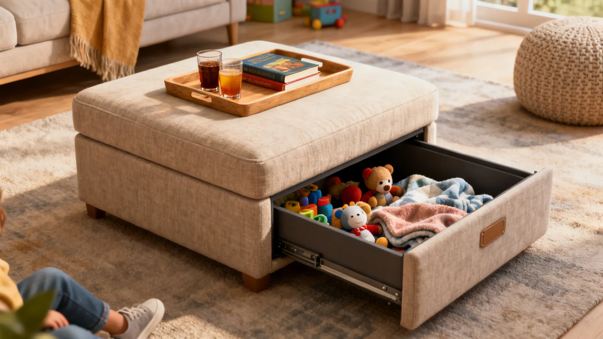 Beige fabric footrest with open drawer filled with colorful children toys and soft warm blankets