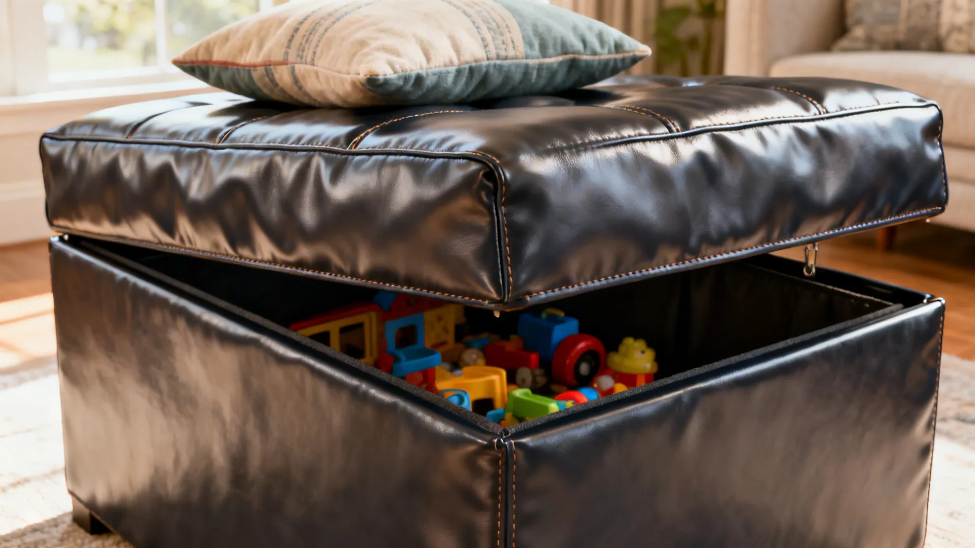 Open leather-look ottoman showing hidden toy storage and durable easy-clean surface.