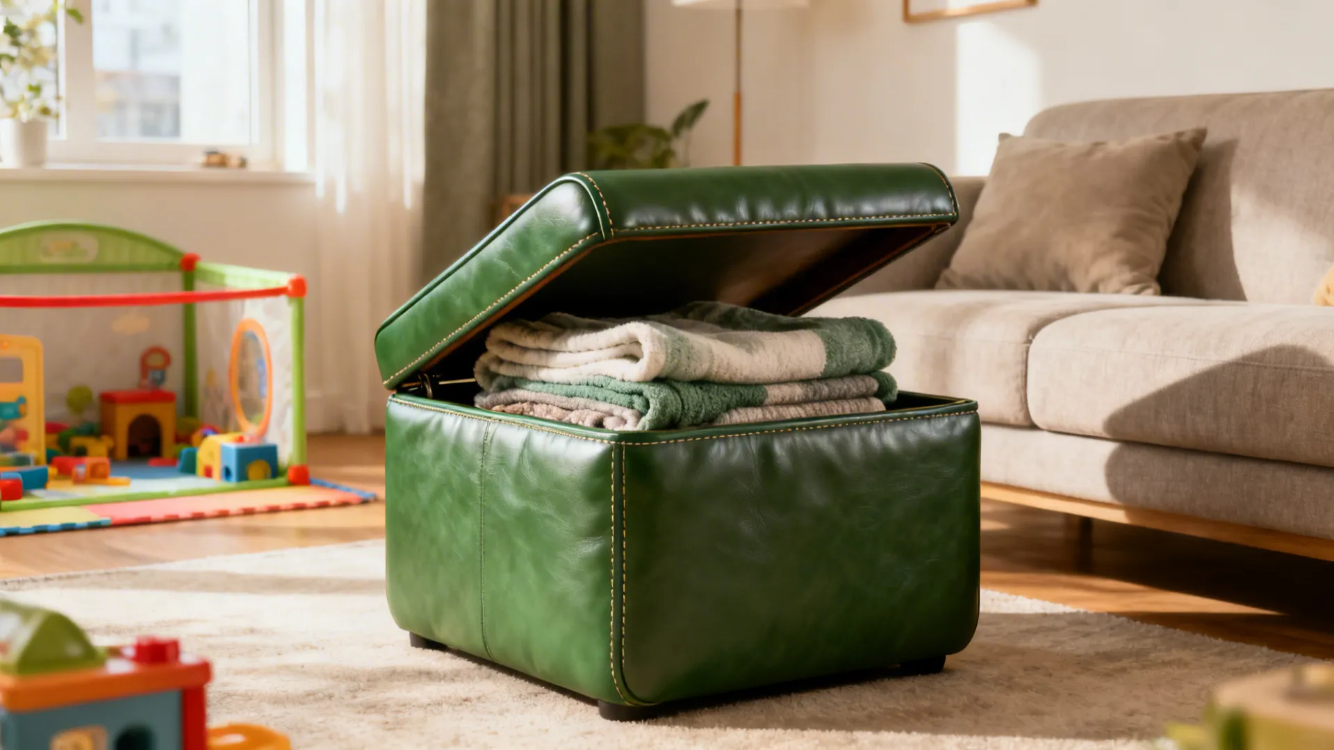 Faux-leather ottoman side table with lift-top showing blankets stored inside