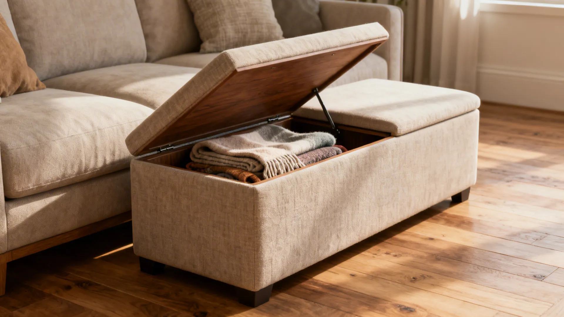 Narrow upholstered ottoman with lift-top storage beside a sofa