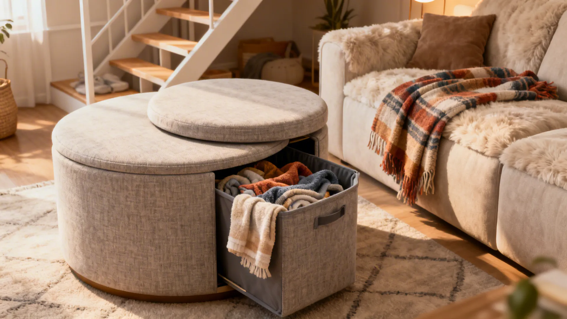 Round upholstered ottoman table with the top removed to show a storage bin of blankets.
