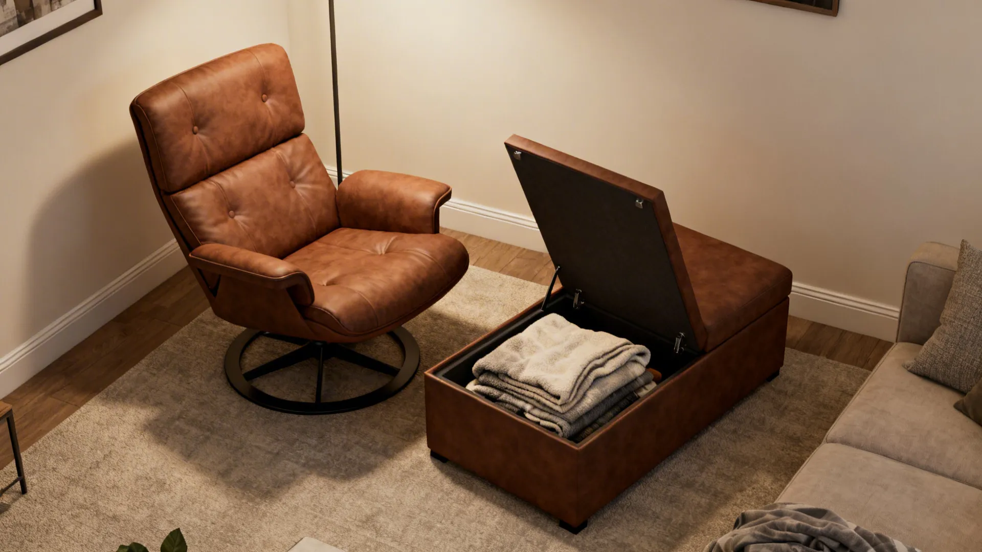 Low-profile brown swivel chair with storage ottoman opened to show blankets
