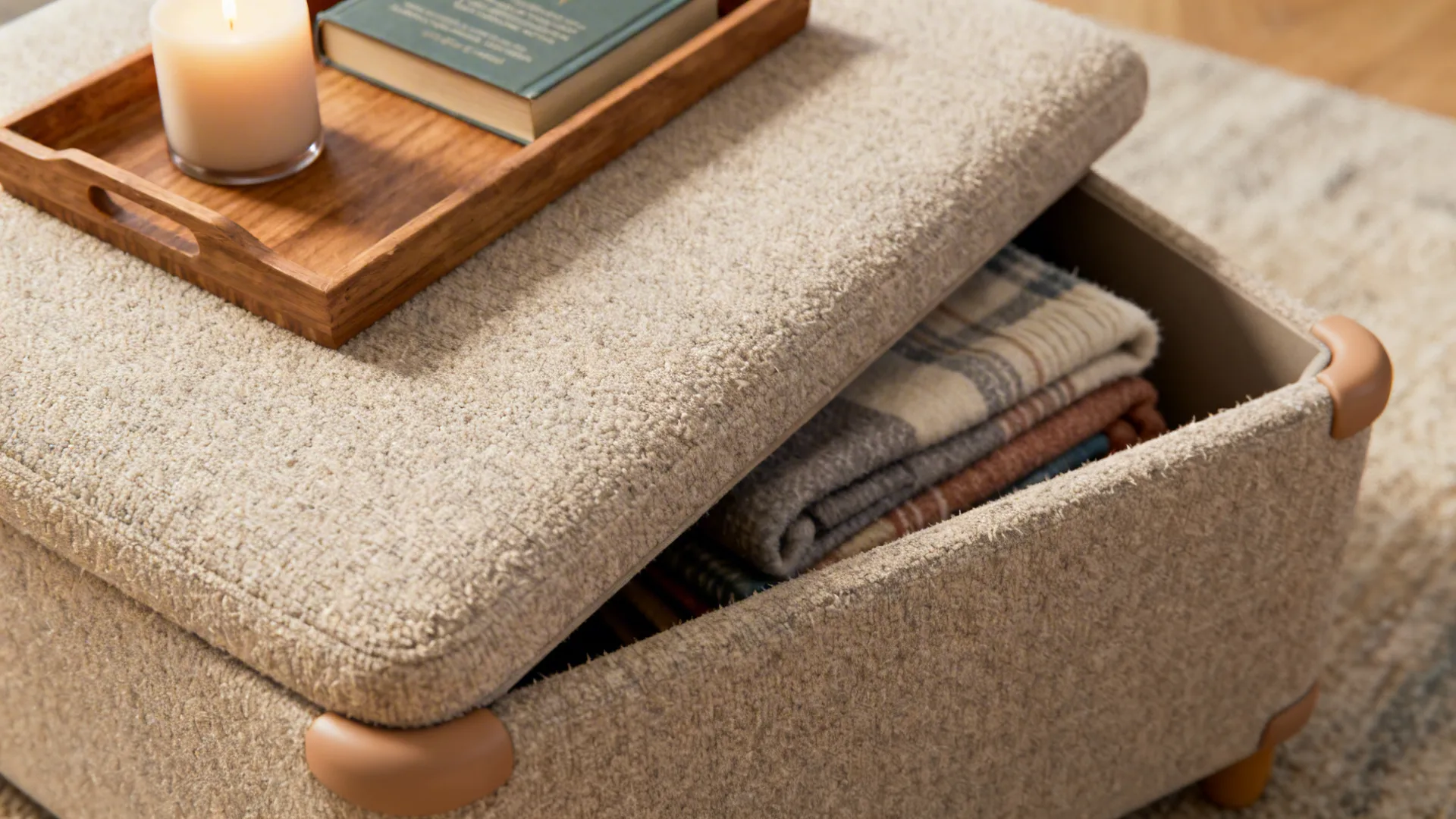 Upholstered storage ottoman with tray and folded blankets, showing fabric texture and hidden storage.