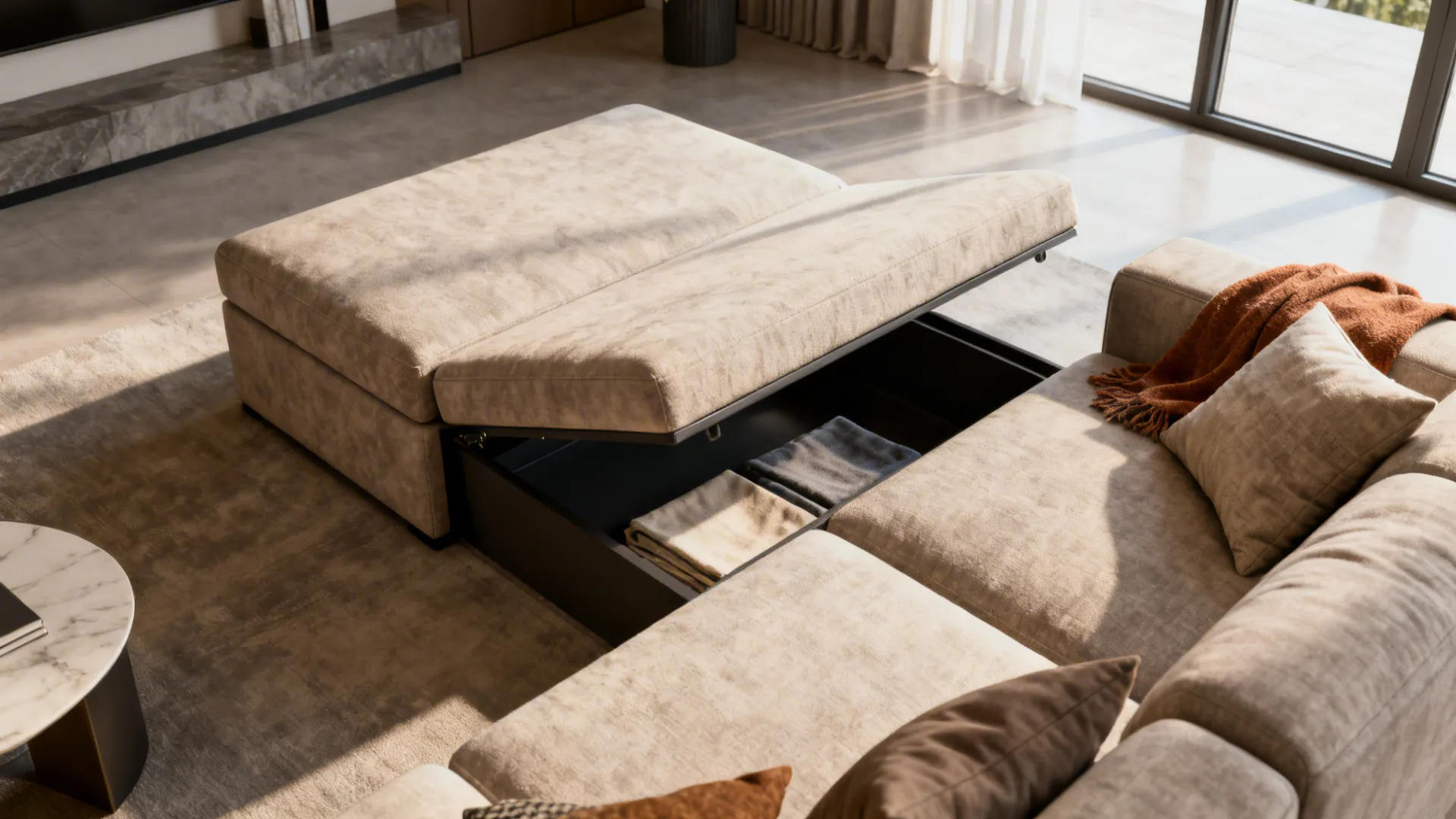 Large storage ottoman used as sofa alternative with cushions and a throw