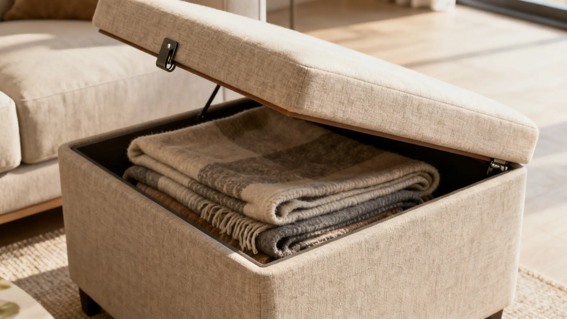 Beige fabric footrest with open top showing folded grey and brown blankets stored inside neatly