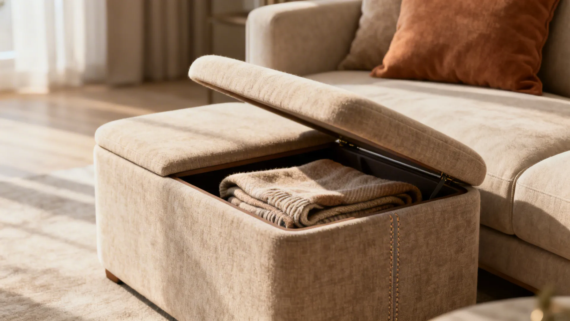 Upholstered ottoman-style end table with lid open showing internal storage for blankets.