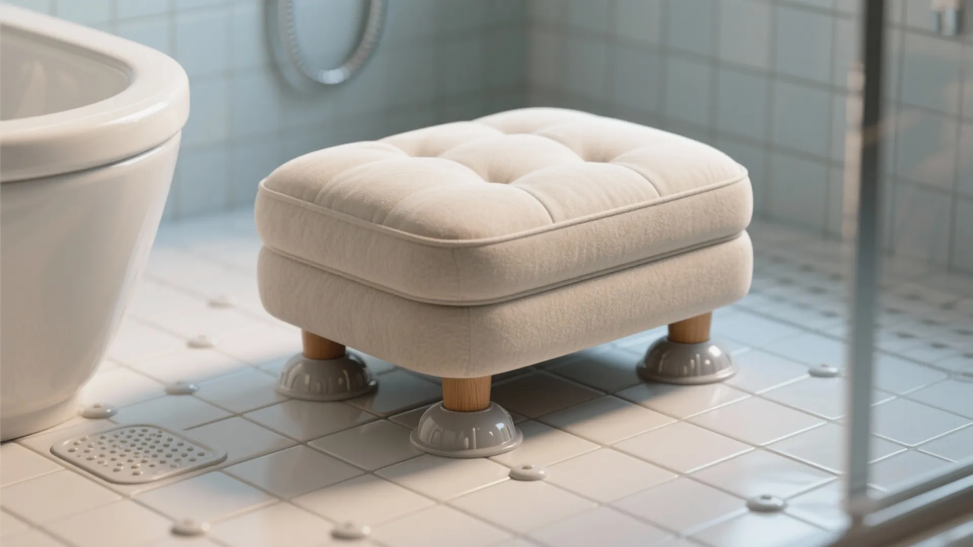 Waterproof ottoman-style stool with non-slip suction feet on shower tile.
