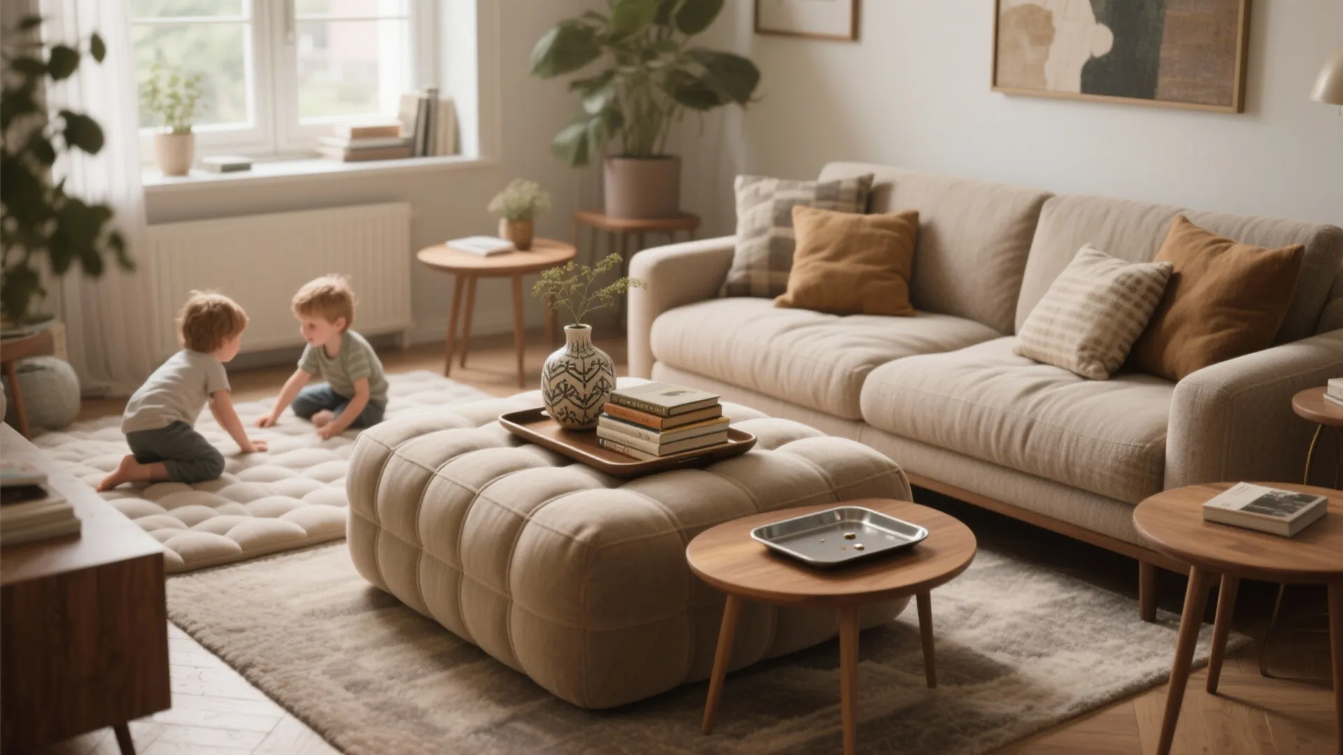 Living room with large beige footrest used as coffee table holding books and wooden tray