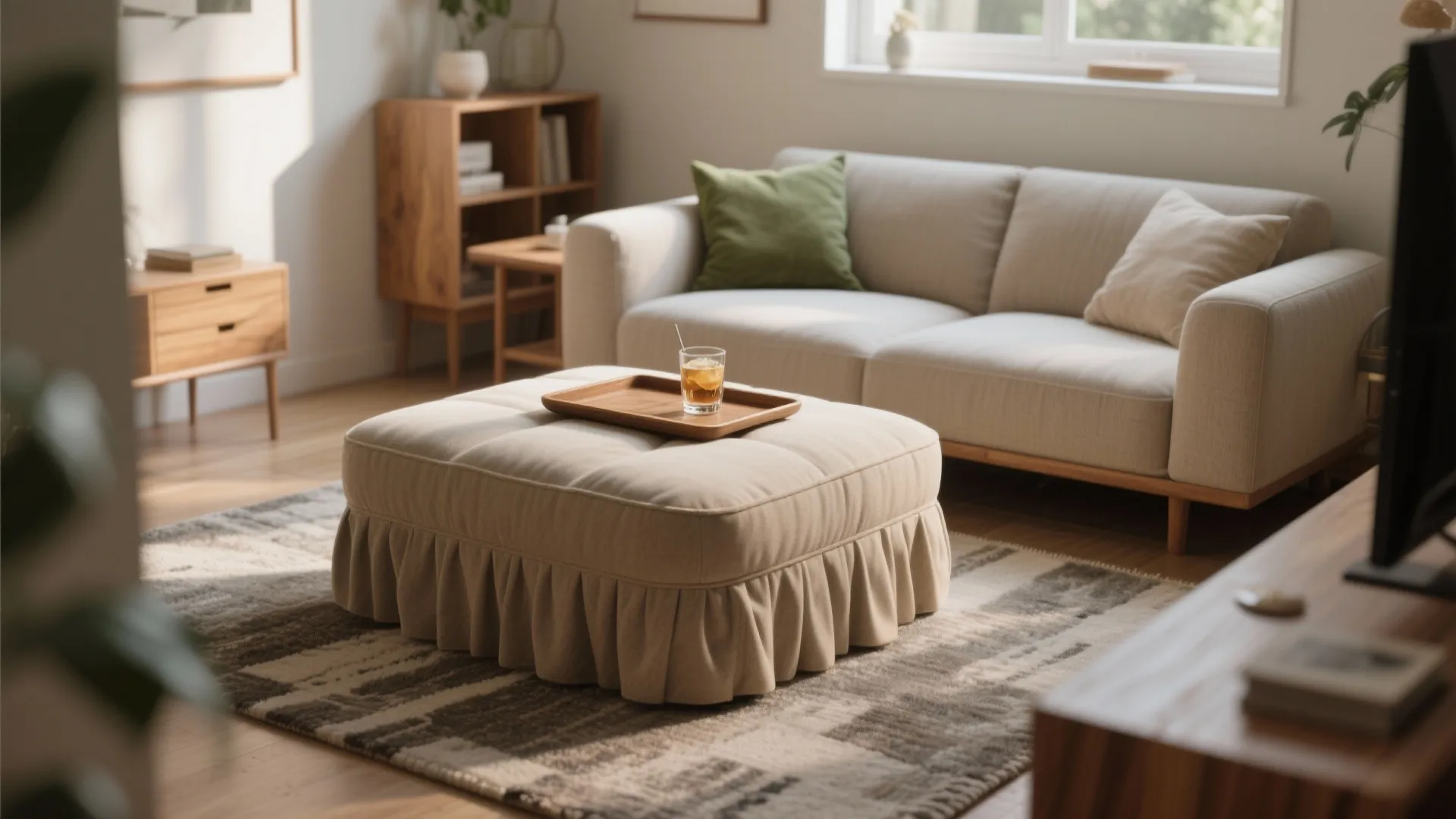 Large beige fabric footrest with wooden tray and glass of tea in a bright living room